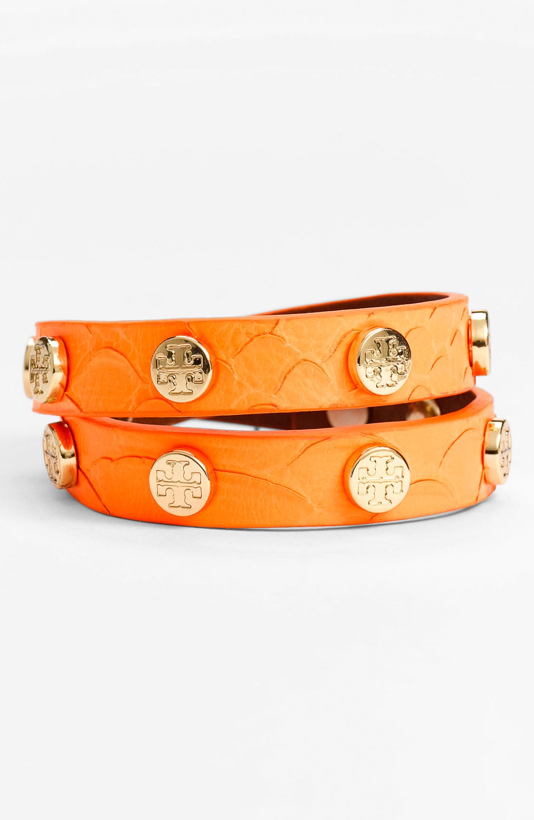 Tory Burch Embossed Leather Wrap Bracelet in Orange (sunrise orange
