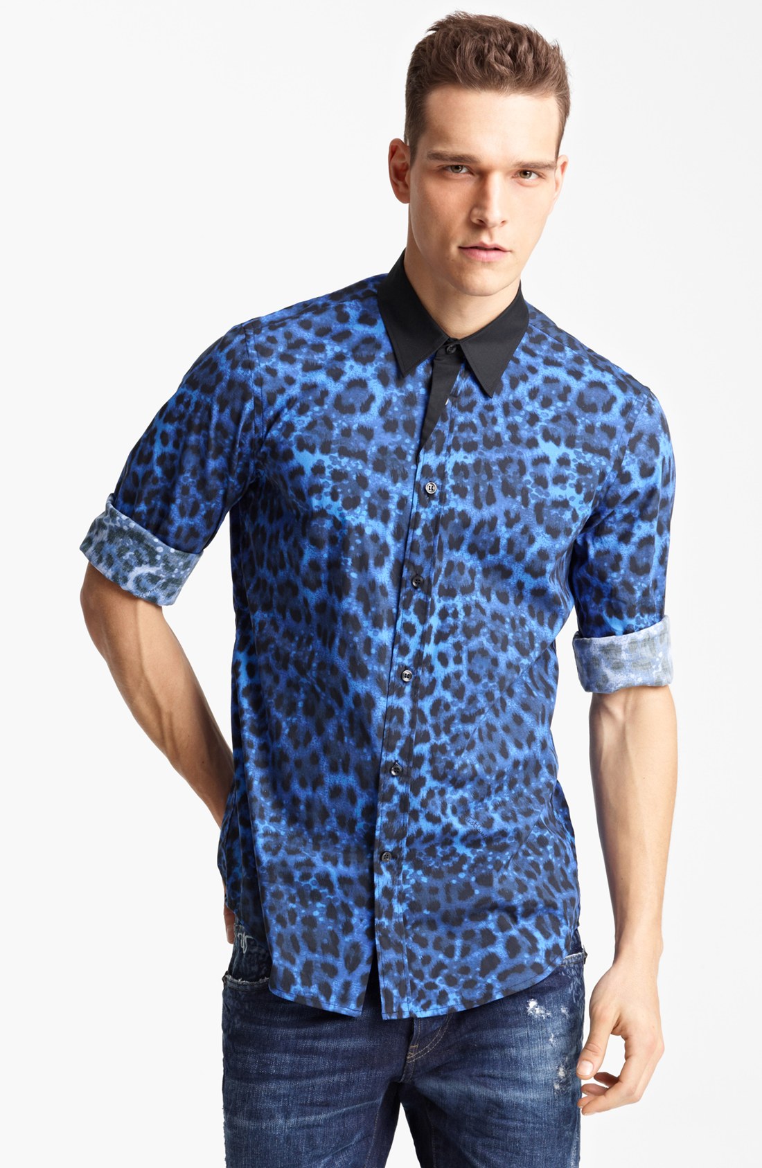 Just Cavalli Leopard Print Woven Shirt in Blue for Men | Lyst