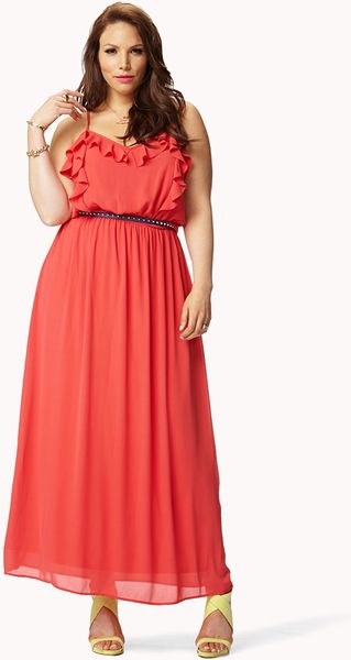 Forever 21 Ruffled Georgette Maxi Dress in Red (coral)