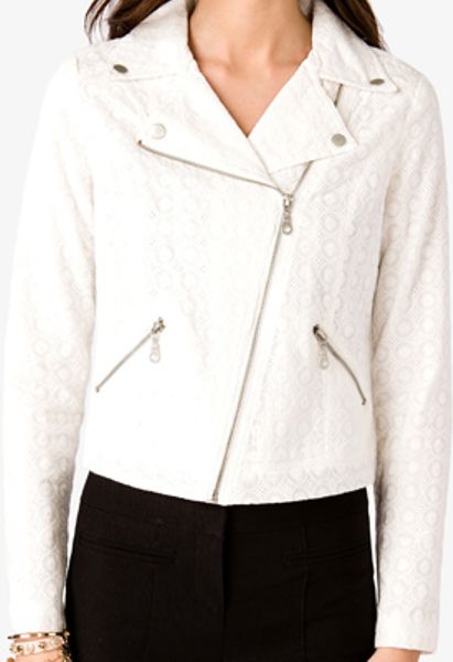 Forever 21 Eyelet Embroidered Moto Jacket in White (cream)