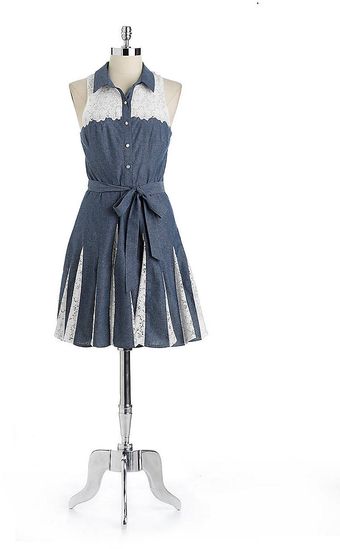 Betsey Johnson Belted Cotton Chambray Lace Shirtdress - Lyst