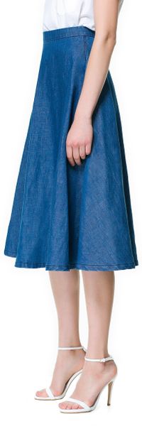 Zara Denim Midi Skirt In Blue Lyst