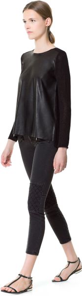 Zara Jumper with Faux Leather Front in Black | Lyst