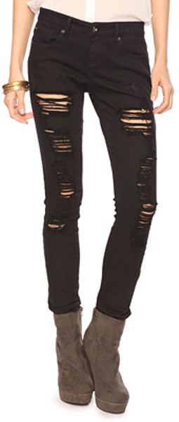 Forever 21 Ripped Mid Rise Skinny Jean in Black | Lyst