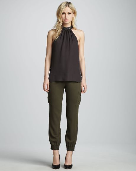 green silk cargo pants