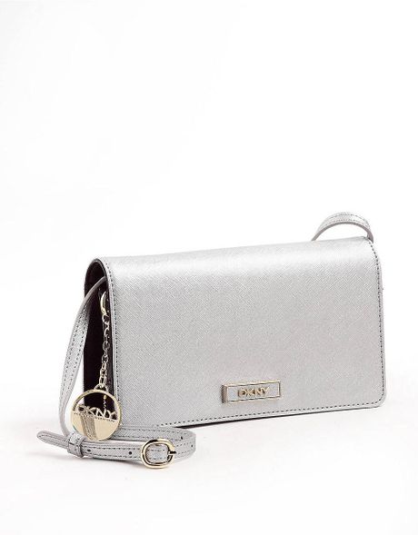 Dkny Saffiano Leather Convertible Crossbody Clutch Bag in Silver