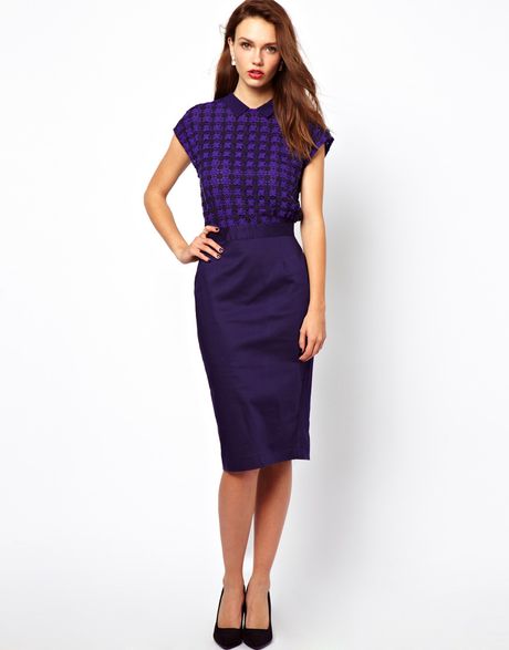 ... Connection Contrast Lace Pencil Dress in Purple (Bluebldelectricprp