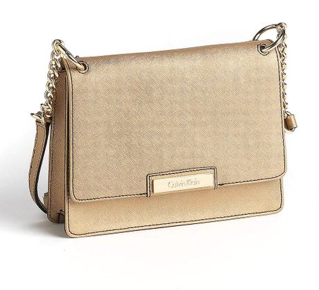 Calvin Klein Panama Saffiano Leather Crossbody Bag in Brown (GOLD)