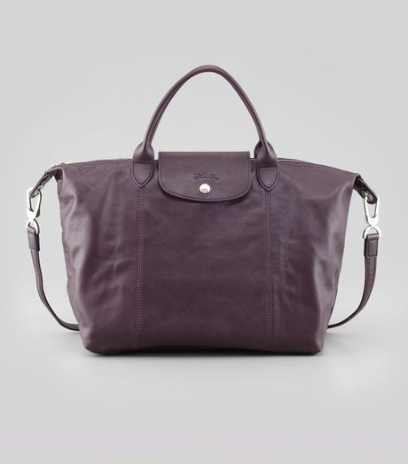 Longchamp Le Pliage Medium Leather Handbag Purple in Purple Longchamp Le Pliage Medium Leather Handbag Purple in Purple