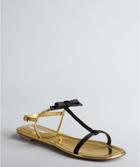 Prada Black and Gold Satin and Leather Flat Sandals in Gold (BLACK ...