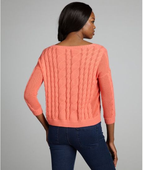 Autumn Cashmere Coral Sheer Cable Knit Cashmere Cropped Sweater in Pink ...