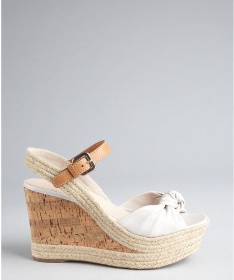 Prada Sport Ivory Leather Knotted Cork and Jute Wedge Sandals in Beige