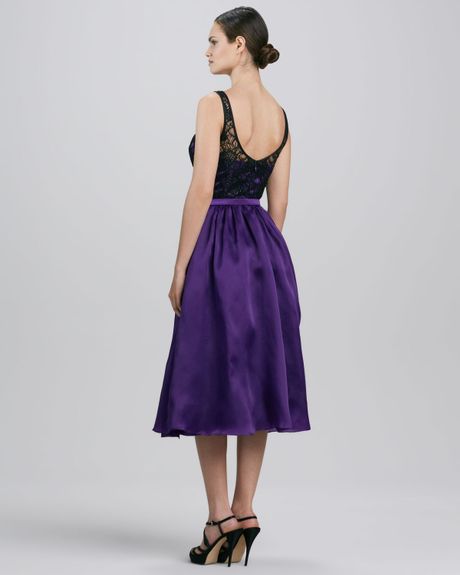 Theia Beaded Belted Lace Cocktail Dress in Purple