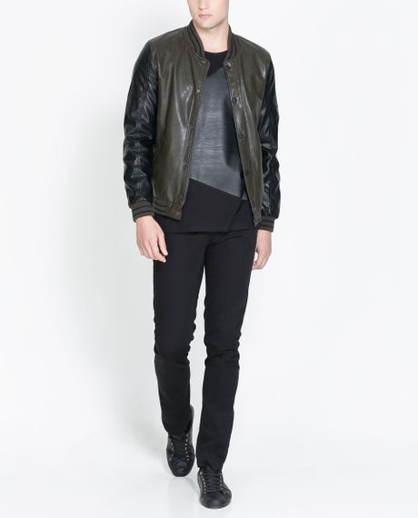 Zara Faux Leather Jacket with Knitted Collar in Green for Men | Lyst