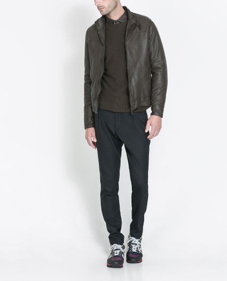 Zara Leather Jacket in Khaki for Men | Lyst