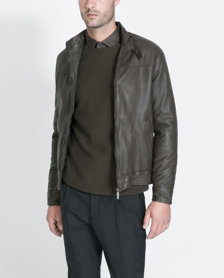 Zara Leather Jacket in Khaki for Men