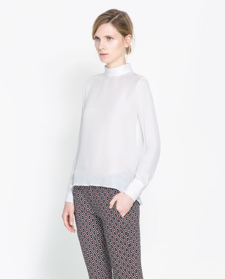 Zara Highneck Silk Blouse in White (Off-white) | Lyst