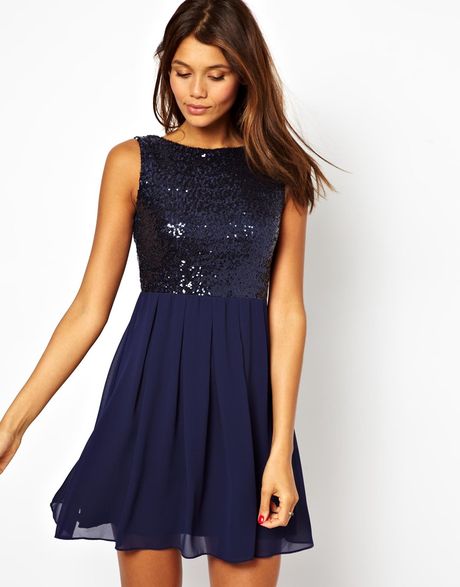 Tfnc Babydoll Dress with Sequin Bodice in Blue (Navy)