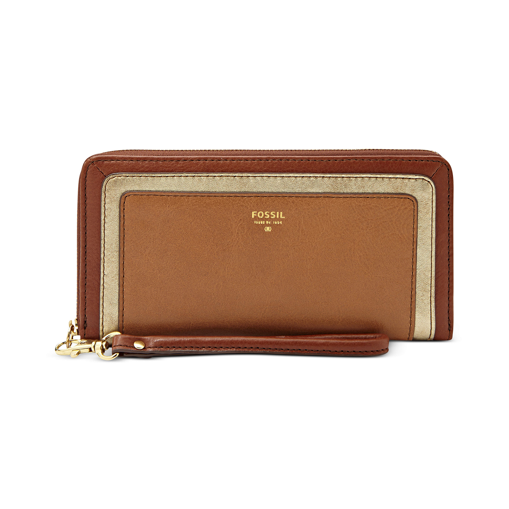 Fossil Sydney Leather Colorblock Zip Clutch in Brown (NEUTRAL MULTI