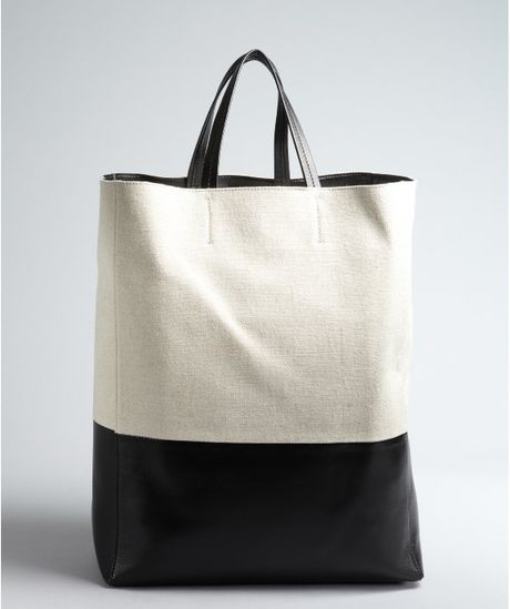 Celine Off White Canvas and Black Leather Shopping Tote in White | Lyst
