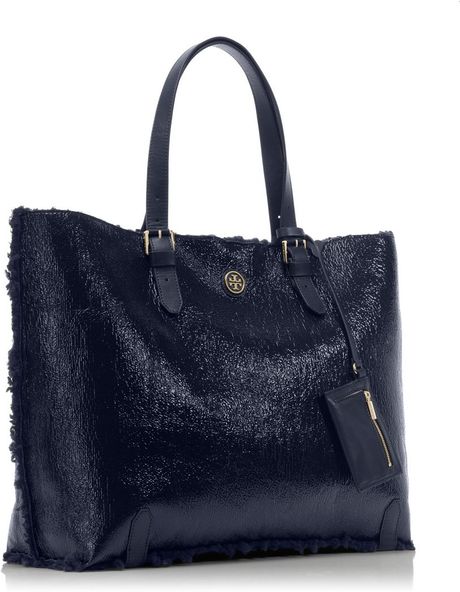 Tory Burch Patent Shearling Tote in Blue (NORMANDY BLUE)