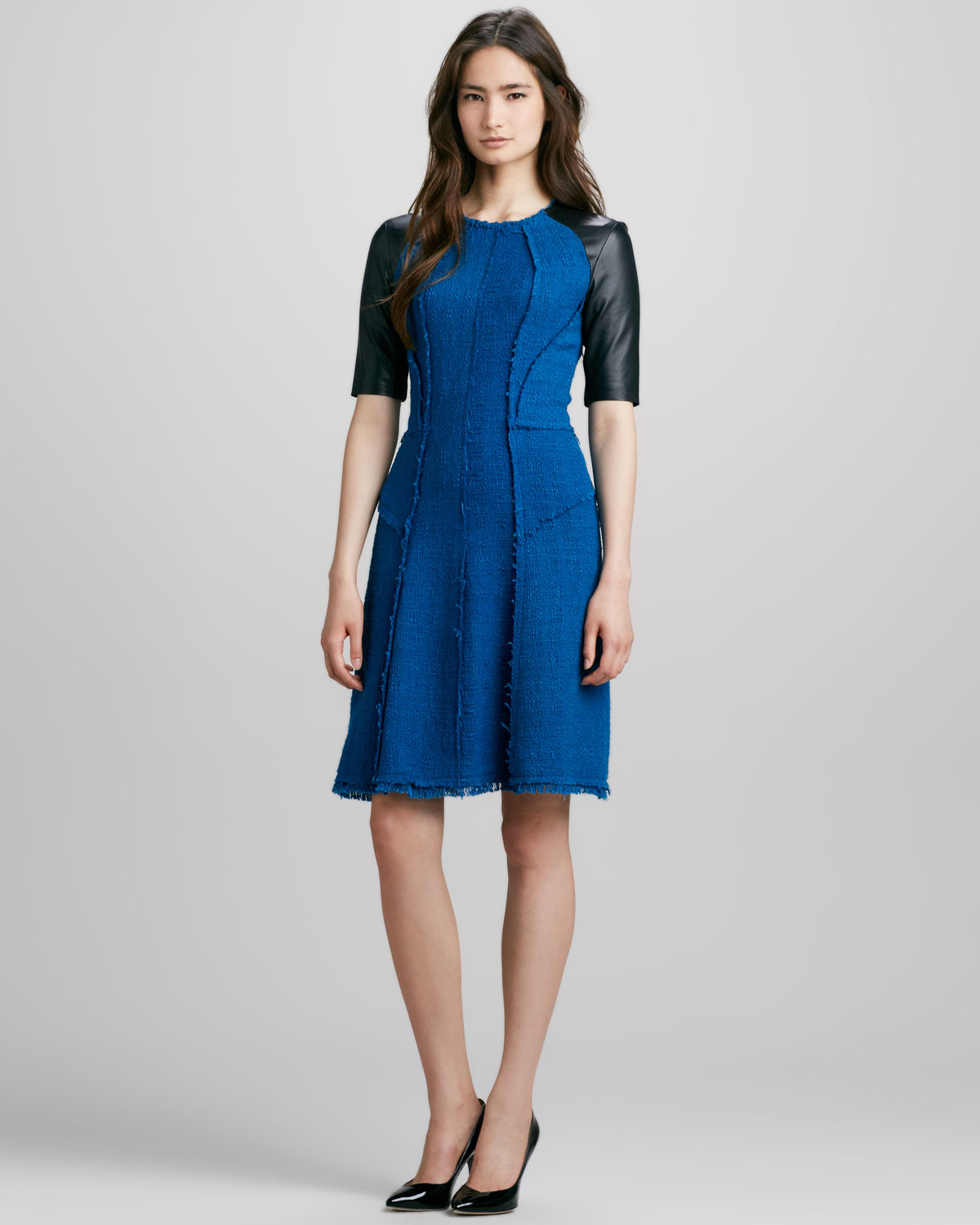 Rebecca Taylor Leathersleeve Tweed Dress in Blue | Lyst