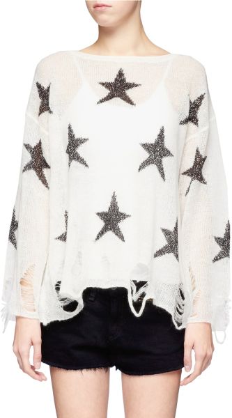 Wildfox Distressed Star Patterned Sweater in Black (White,Multi-colour) | Lyst