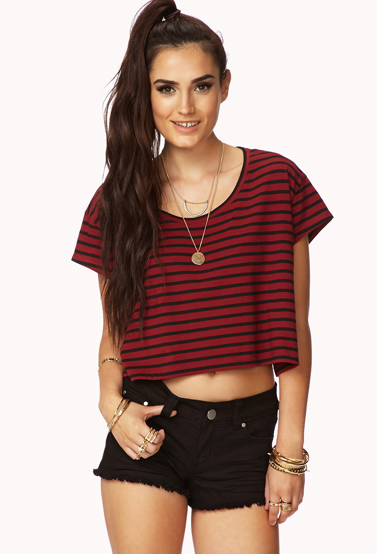 Forever 21 Boxy Striped Crop Top in Red (BURGUNDYBLACK) | Lyst