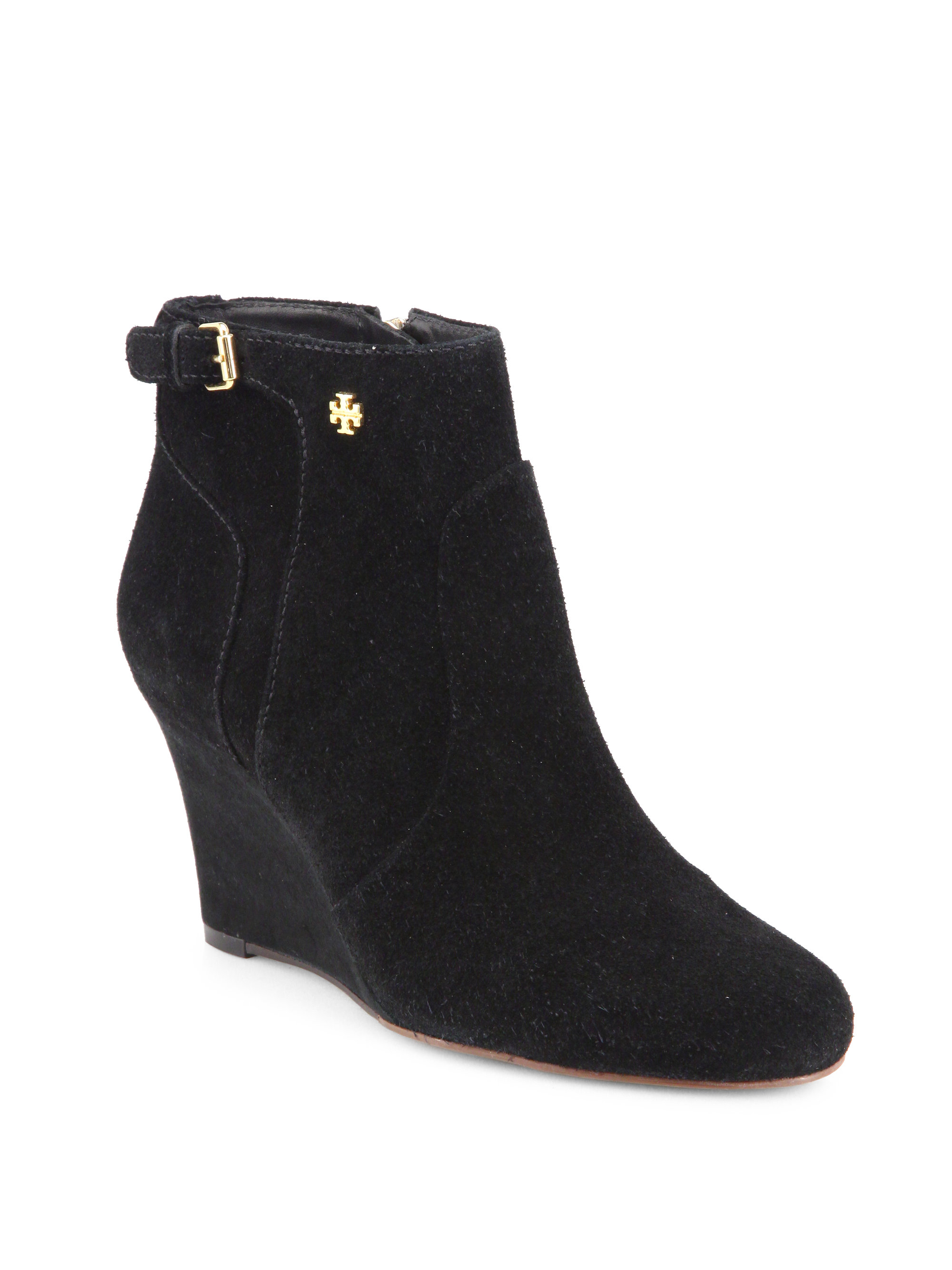 ladies black suede wedge boots