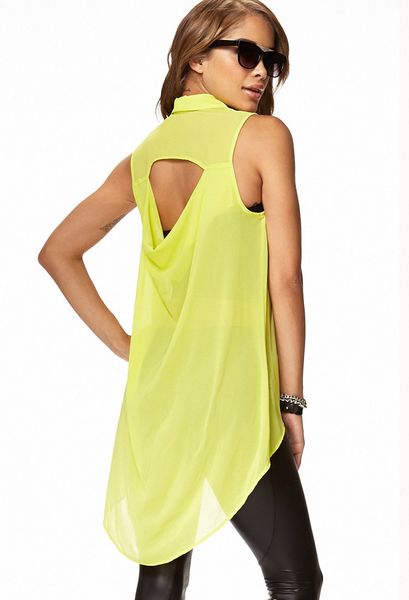 Forever 21 Cutout Back Highlow Shirt in Yellow (lime)