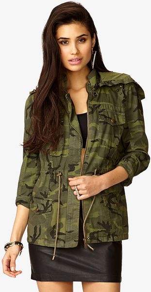 Forever 21 Hooded Spiked Camo Jacket in Green (OLIVEDARK OLIVE)