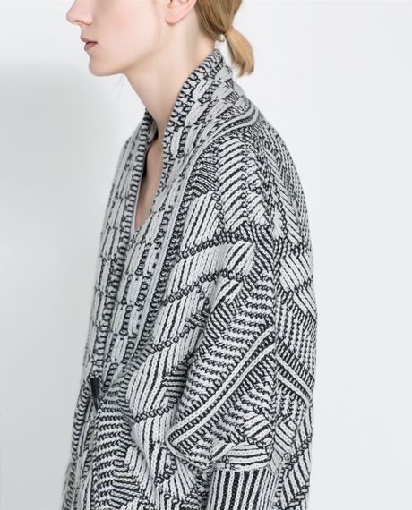 Zara Jacquard Wrap Around Cardigan In Gray (Black / Ecru) | Lyst