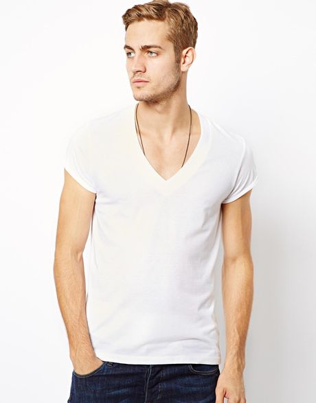 Asos Asos Tshirt with Deep V Neck and Roll Sleeve in White for Men | Lyst