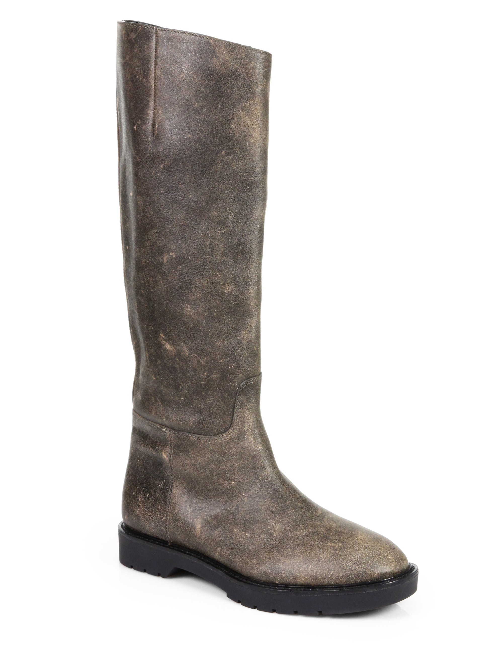 distressed leather knee high boots