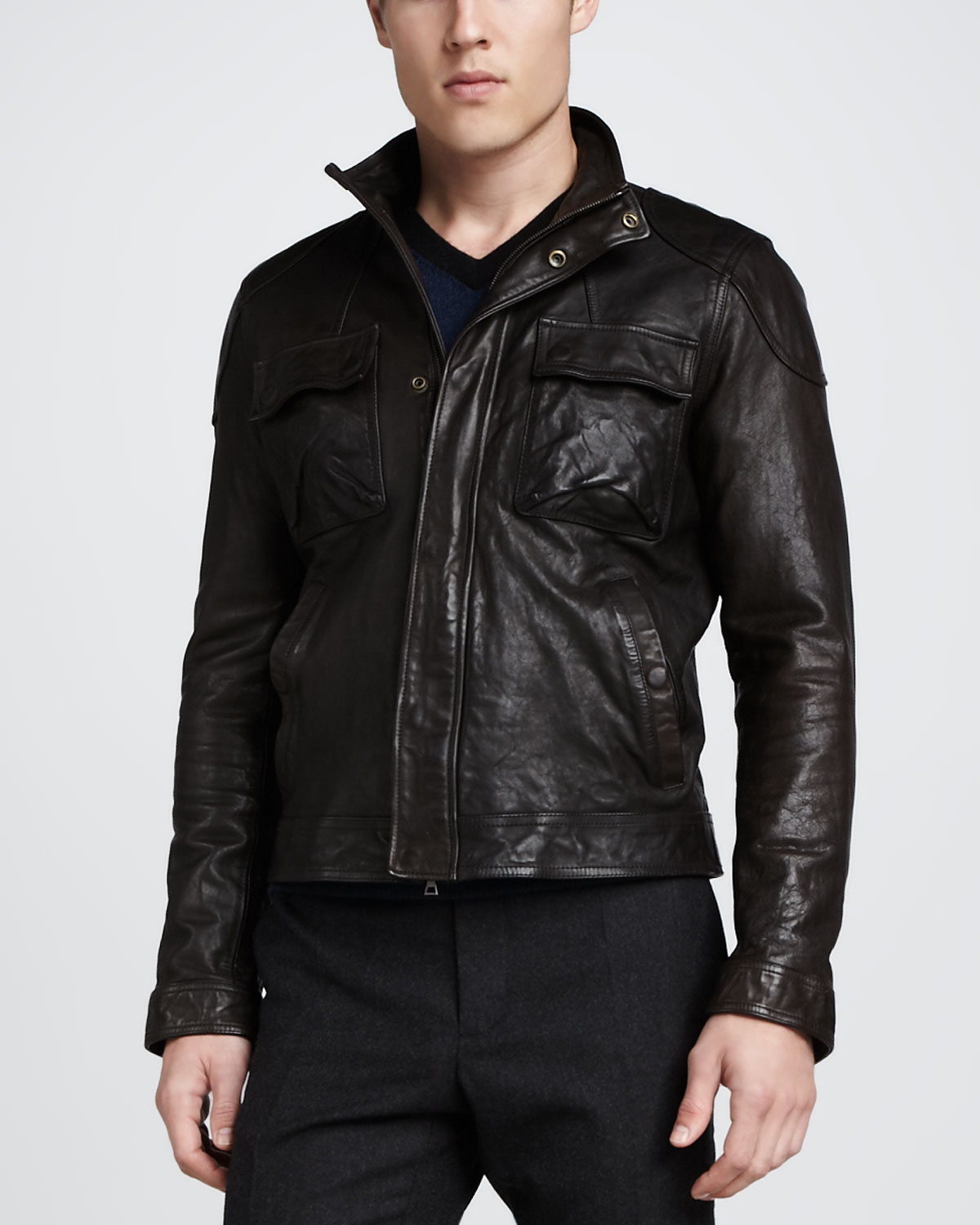 Vince Leather Moto Jacket Dark Brown in Brown for Men