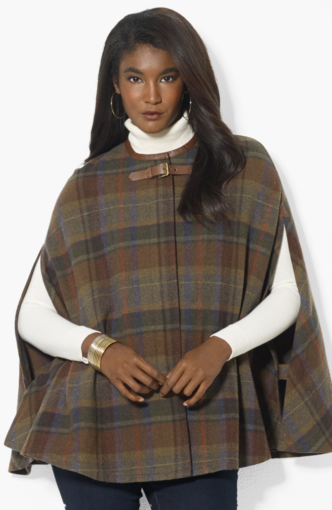 Lauren By Ralph Lauren Plaid Wool Plaid Cape in Multicolor (Olive Multi