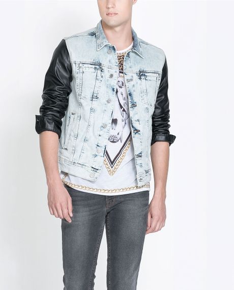 Zara Bleached Denim Jacket with Faux Leaver Sleeves in Blue for Men ...