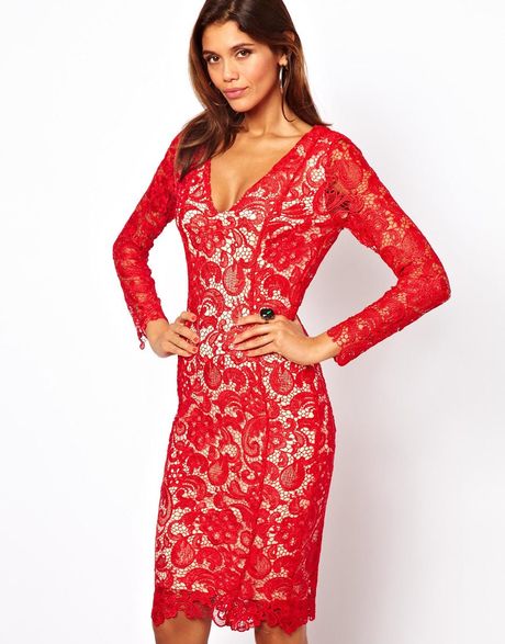 Forever Unique Lace Pencil Dress with V Neck in Red