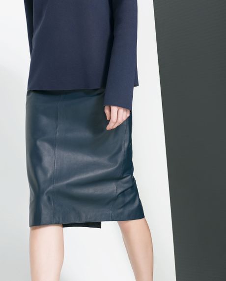 Zara Straight Leather Midi Skirt in Blue (Navy blue) | Lyst