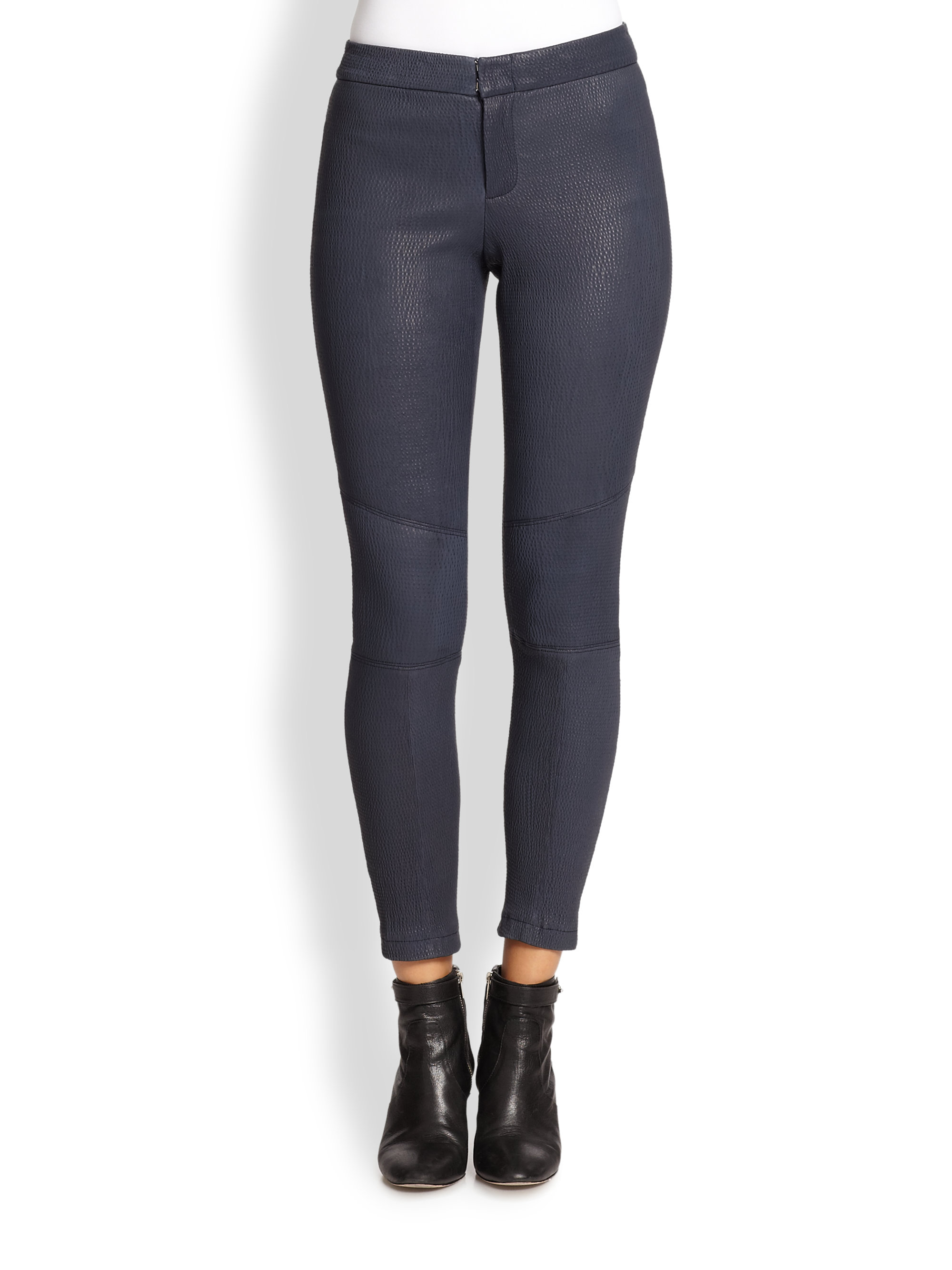 Yigal Azrou L Pebbled Stretch Leather Skinny Pants In Blue Navy Blue