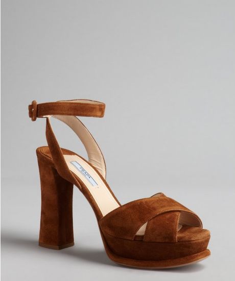 Prada Nutmeg Suede Crossed Strap Chunky Heel Sandals in Brown (nutmeg ...