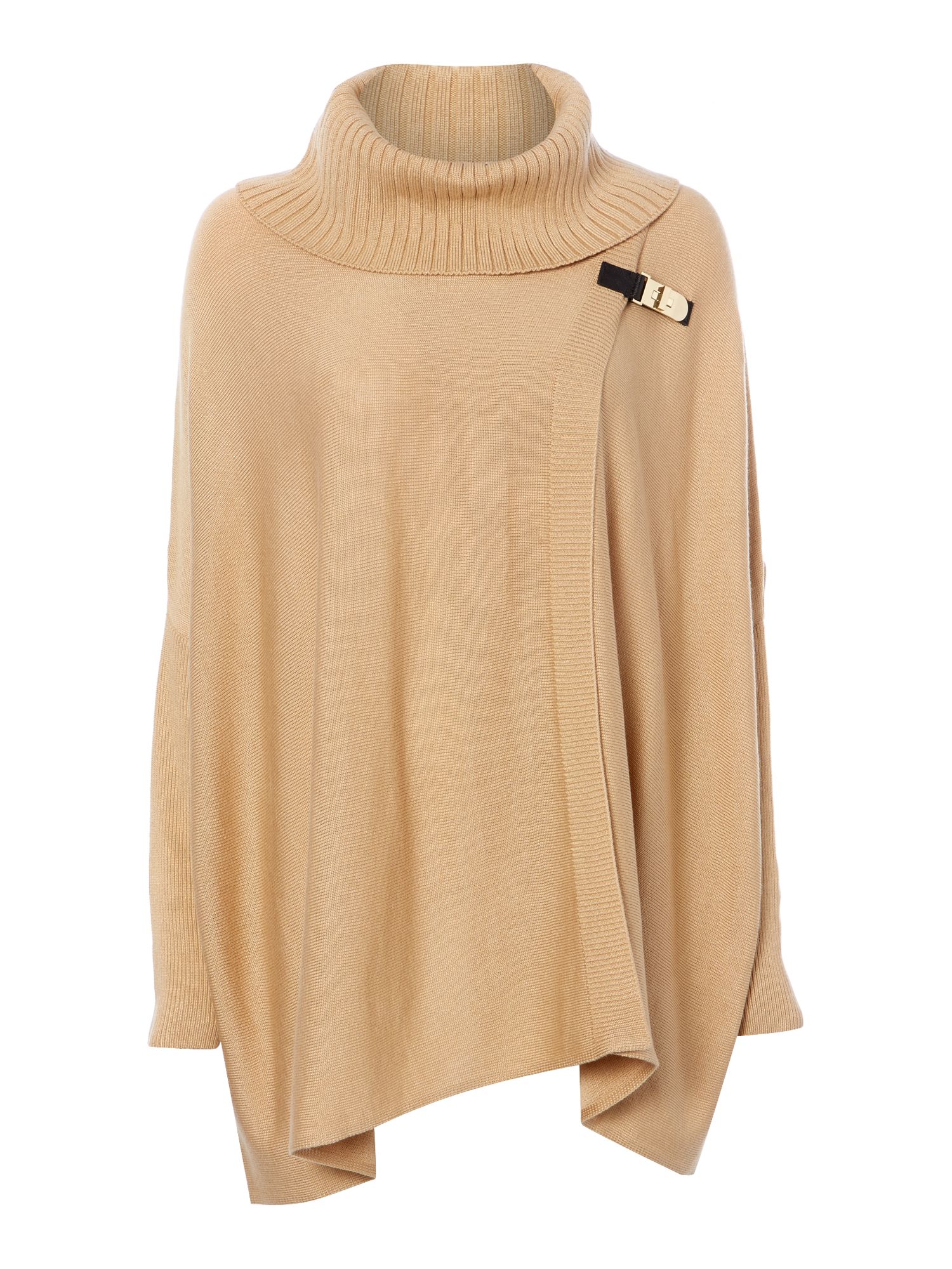 Episode Roll Neck Knitted Cape with Buckle Detail in Beige (Camel) | Lyst