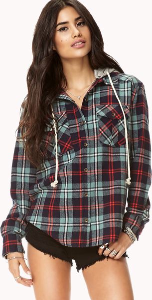 Forever 21 Rustic Hooded Plaid Flannel in Blue (Sea greennavy) - Lyst