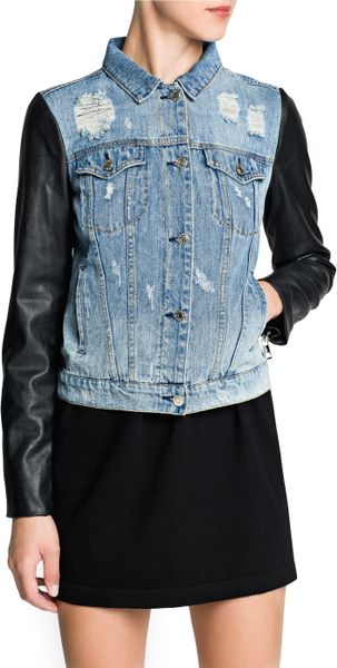 Mango Faux Leather Sleeve Denim Jacket in Black (Dark Denim) | Lyst