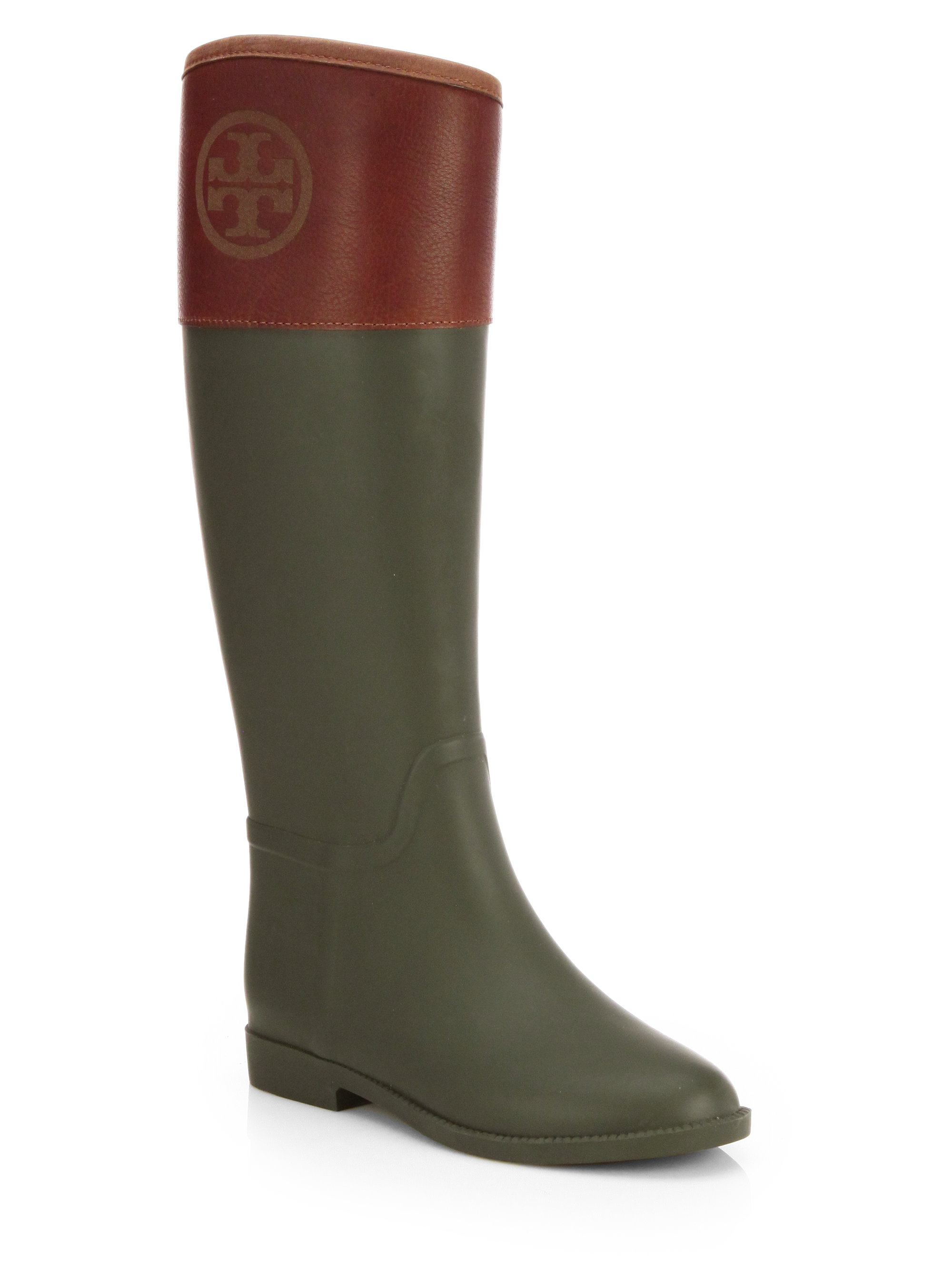 Tory Burch Diana Leather-trimmed Rain Boots in Green (GREEN-ALMOND) | Lyst