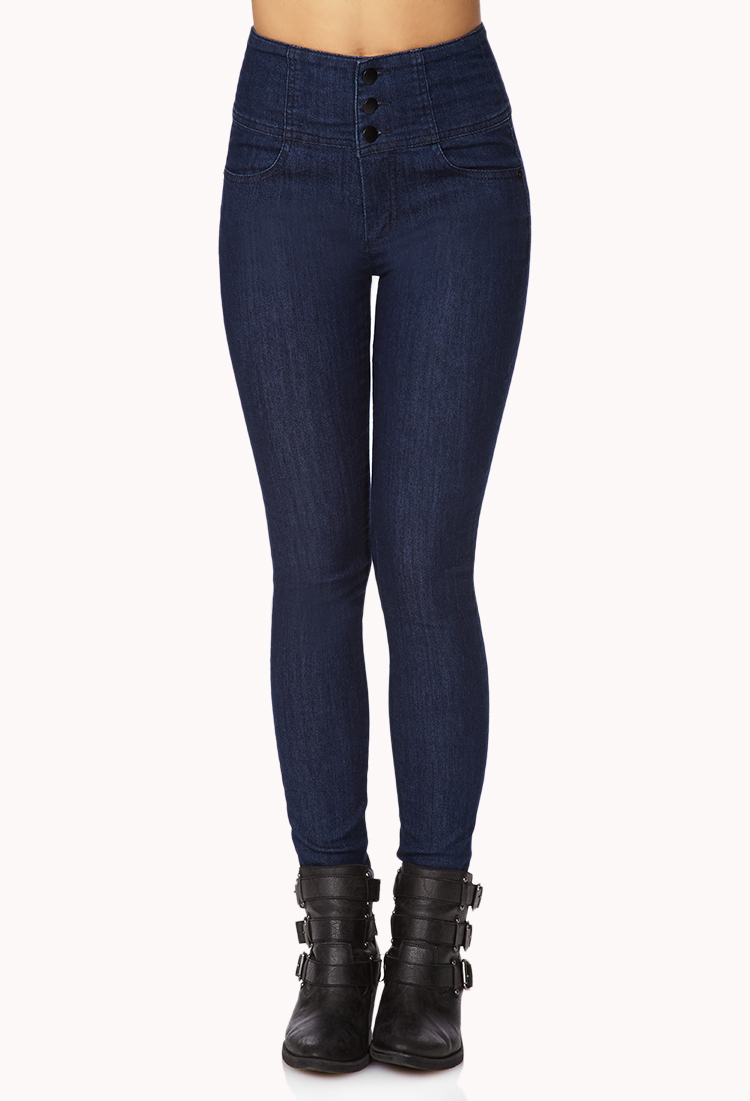 Forever 21 Buttoned High-Waisted Jeans in Blue (Dark denim) | Lyst