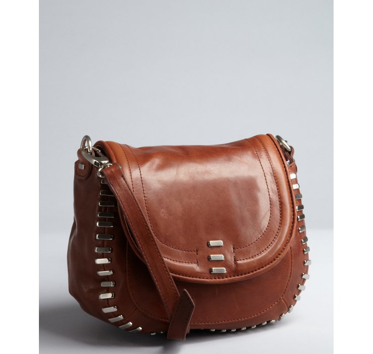 Kelsi Dagger Cognac Distressed Leather Stud Detail Harley Crossbody
