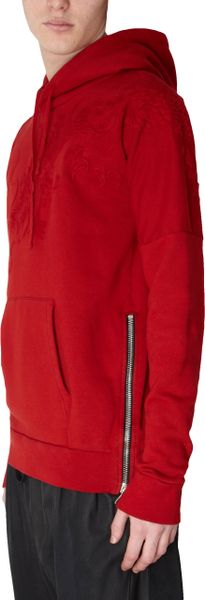 Balmain Dragon Embroidered Side Zip Hoodie in Red for Men | Lyst