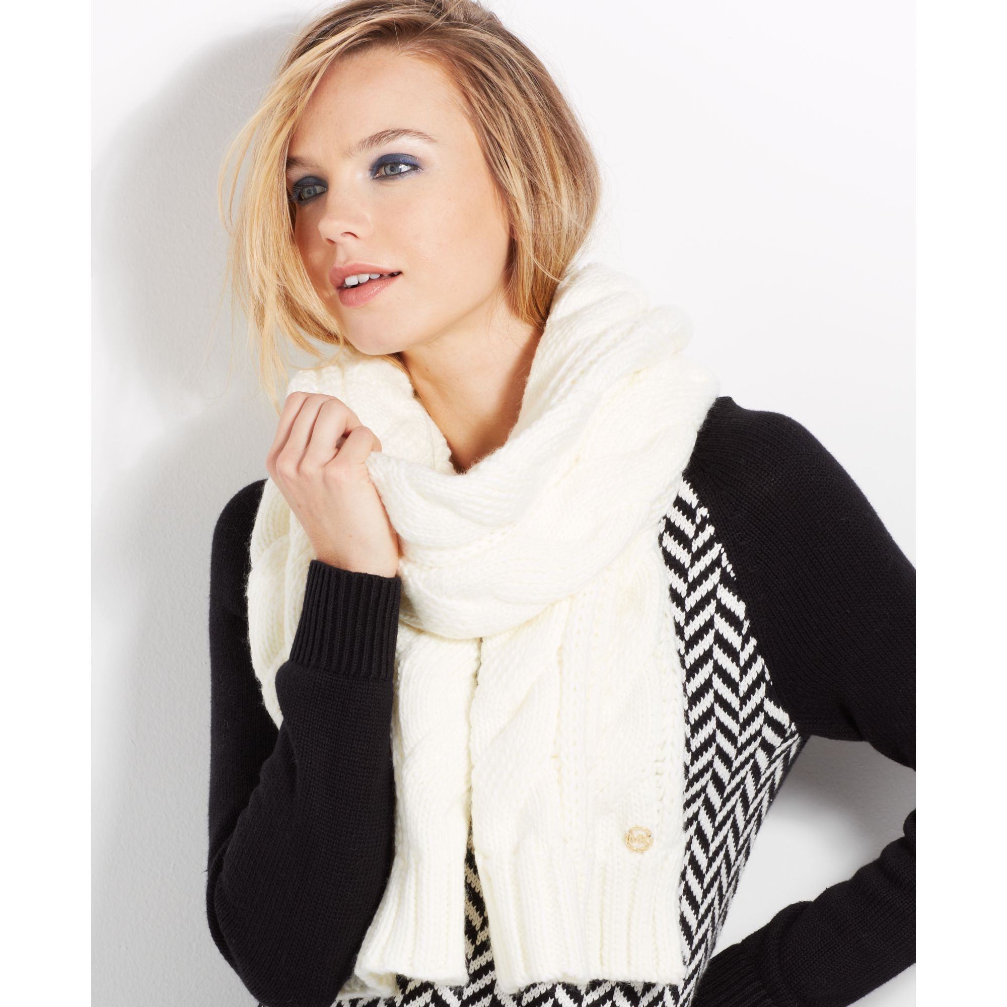 Michael Kors Cable Knit Scarf in White (Cream) Lyst