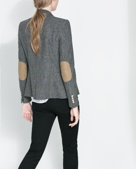 Zara Checked Blazer with Elbow Patches in Gray (Grey) | Lyst